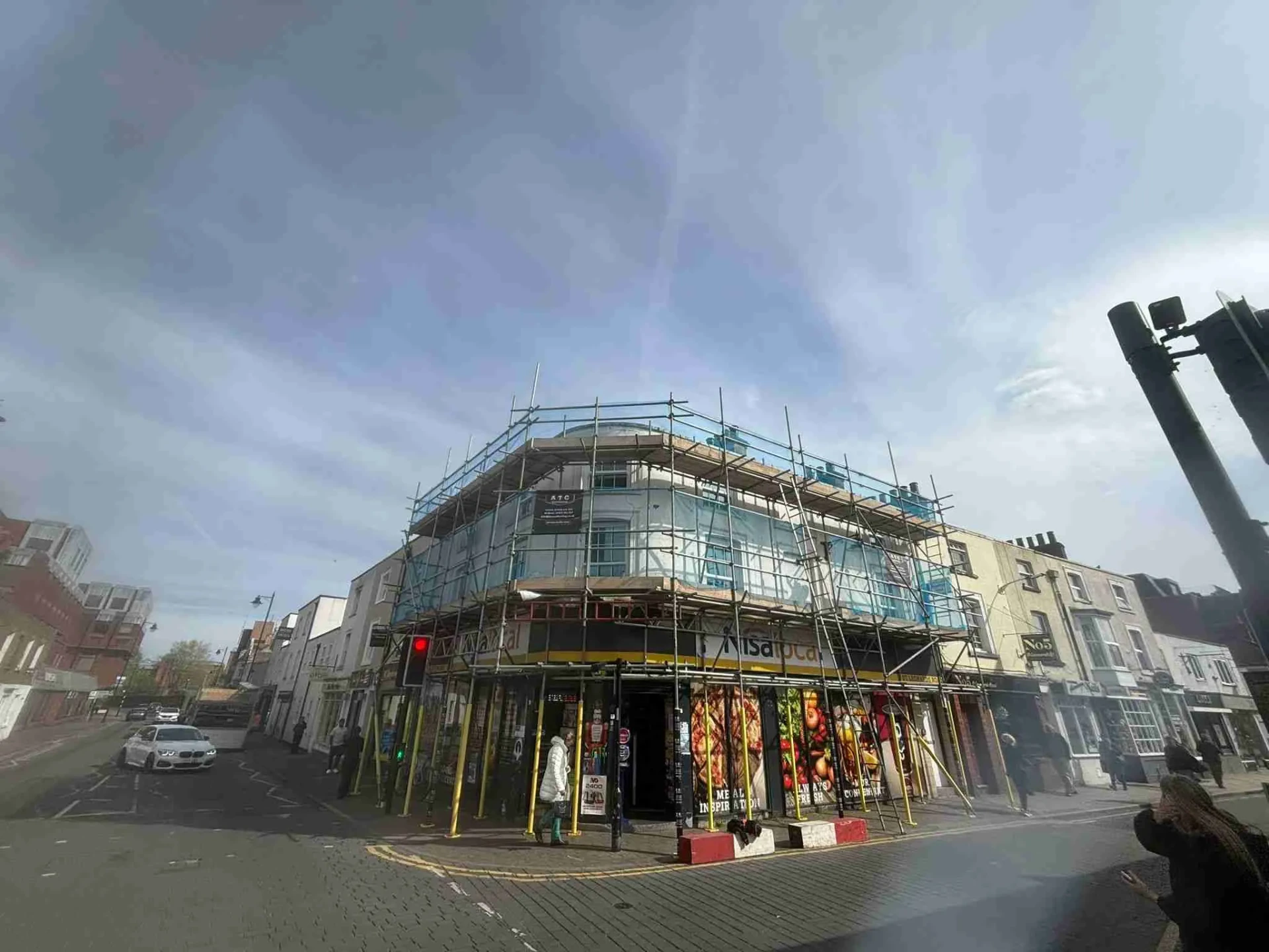 Commercial scaffolding erected by ATC Scaffolding on a shop and office building