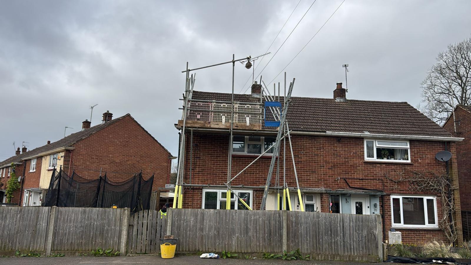 Domestic scaffolding erected by ATC Scaffolding around a house for roofing and exterior works