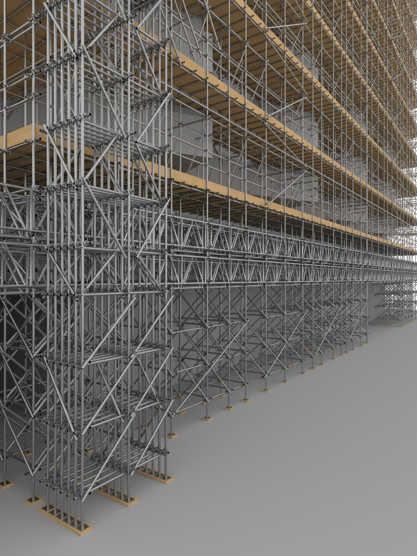3D design model of a large birdcage scaffold with multiple boarded lifts filling a warehouse interior