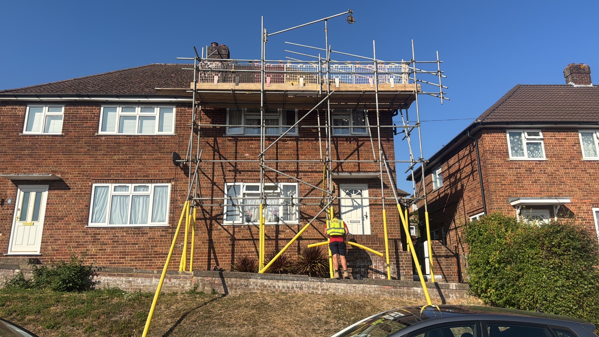 Domestic scaffolding erected by ATC Scaffolding around a house for roofing and exterior works