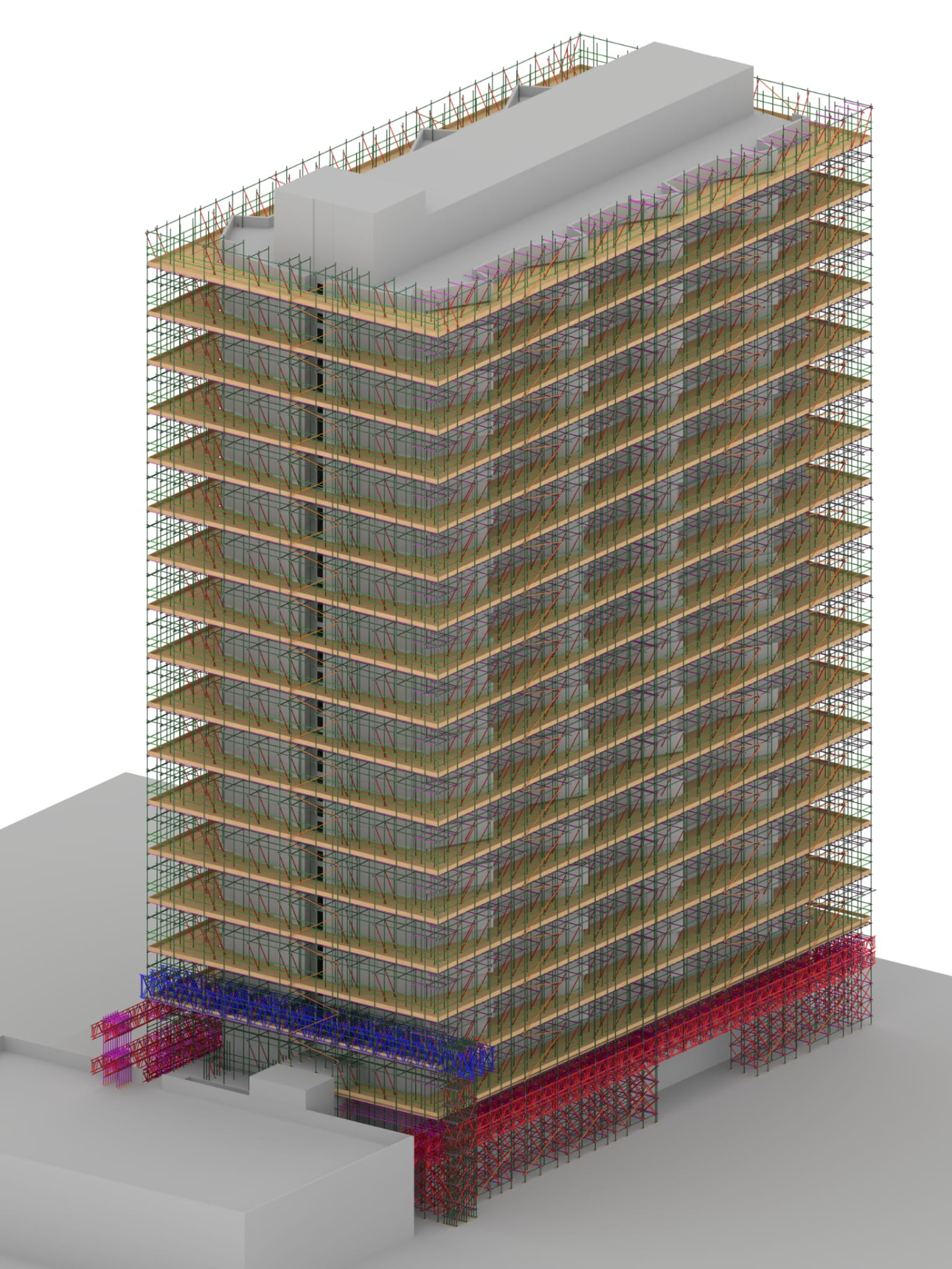 3D scaffold design model of a high rise tower block with fully boarded lifts and a loading bay at ground level