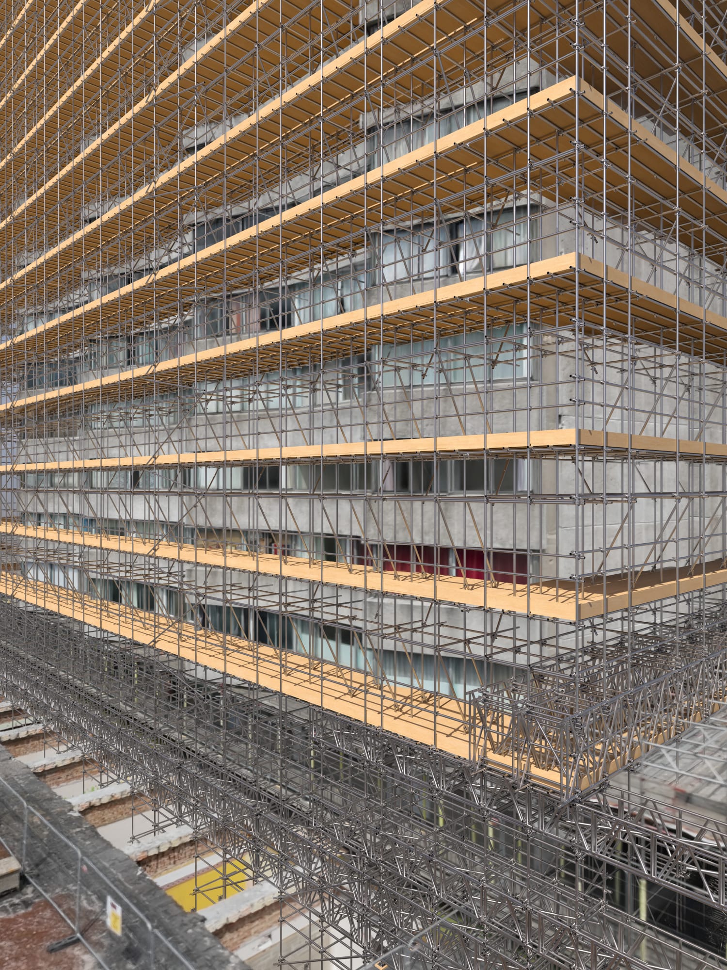 Close 3D design view of a designed facade scaffold with boarded lifts, guardrails and facade bracing