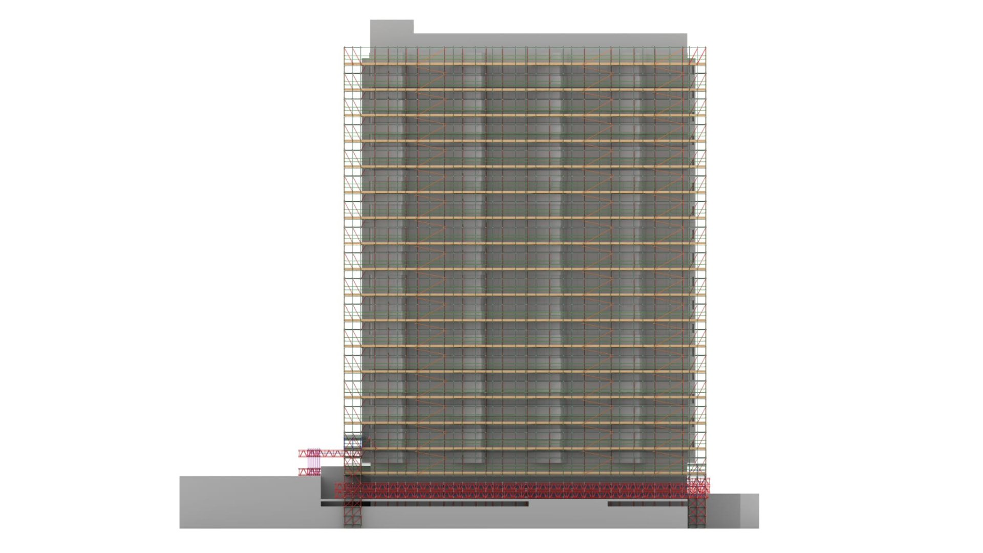 Scaffold design elevation model of a high rise block showing lift heights, bracing pattern and beamed transfer structure