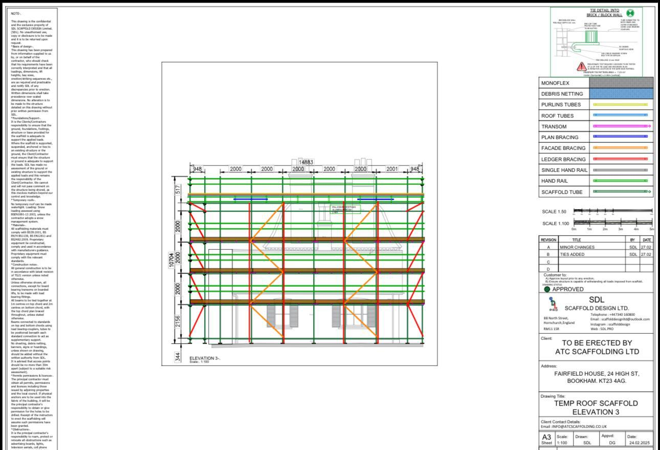 Scaffold design elevation of a three storey property showing bay dimensions, lift heights and facade bracing arrangement