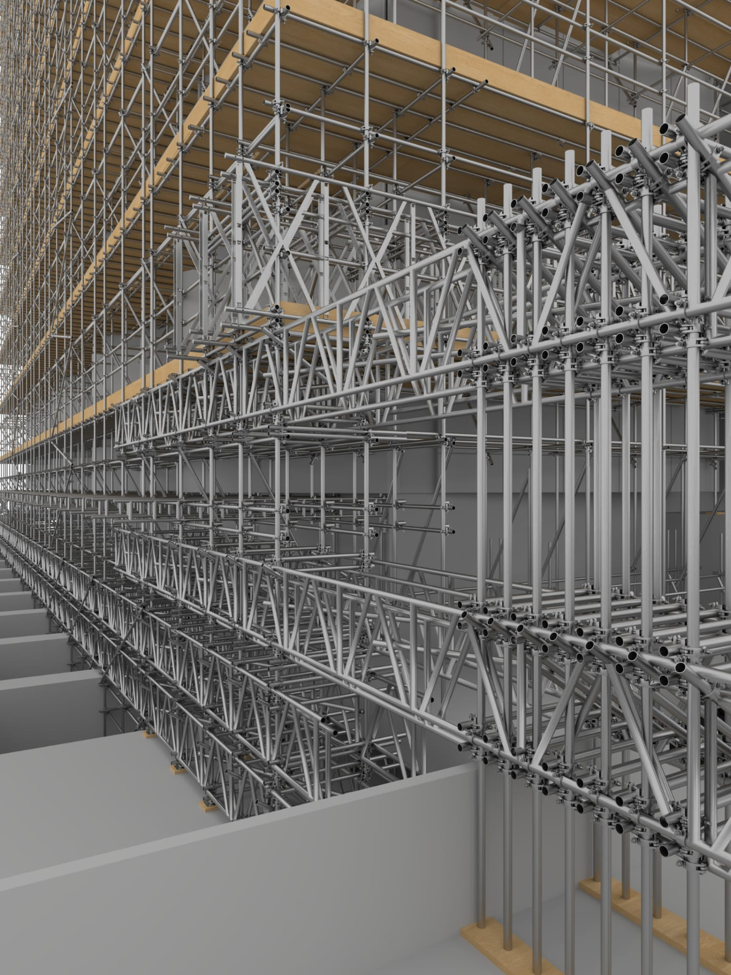 3D design view of a birdcage scaffold with beamed spans forming a continuous boarded working deck