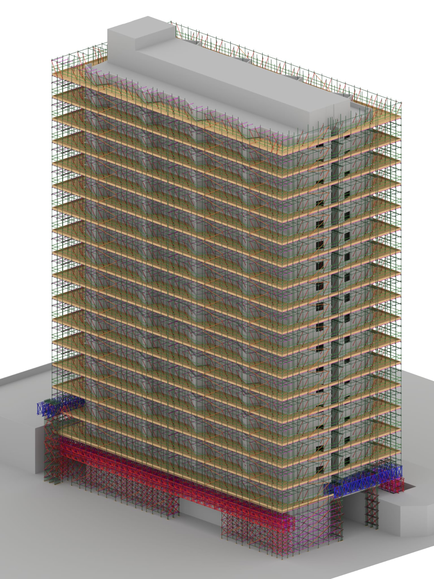 3D design model of a full-height tower block scaffold showing bracing, hoist run and beamed base structure